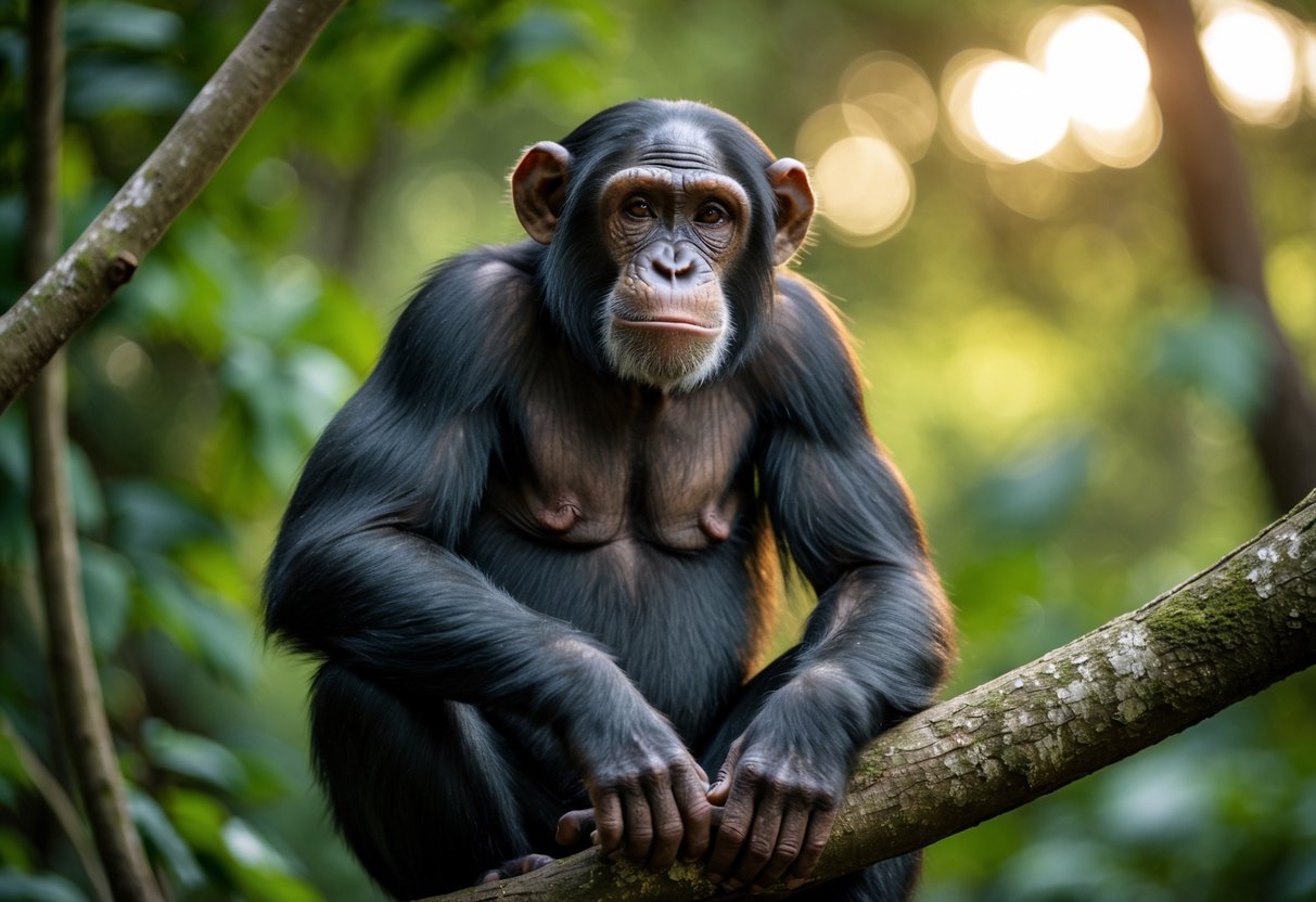 A chimpanzee sitting calmly on a tree branch in a forest, looking directly ahead.
