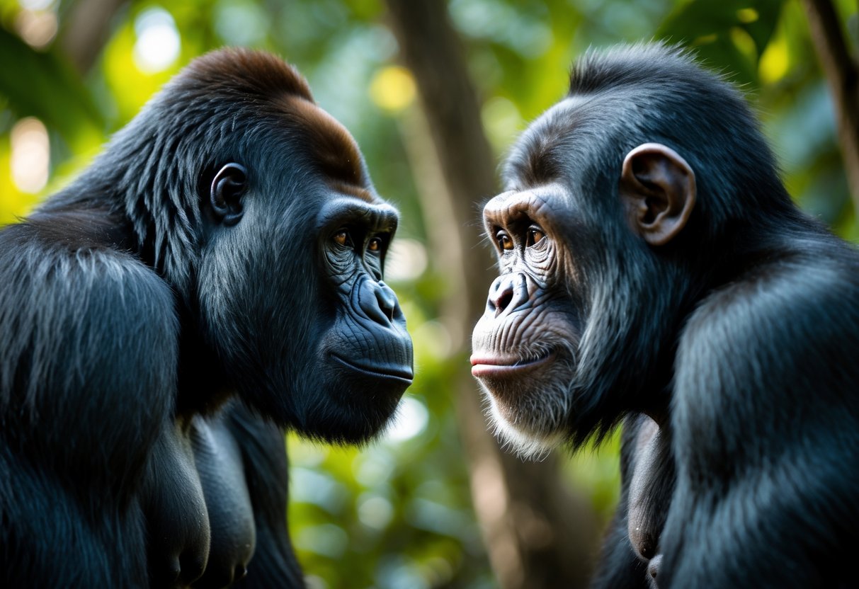 A gorilla and a chimpanzee facing each other in a jungle setting surrounded by green foliage.