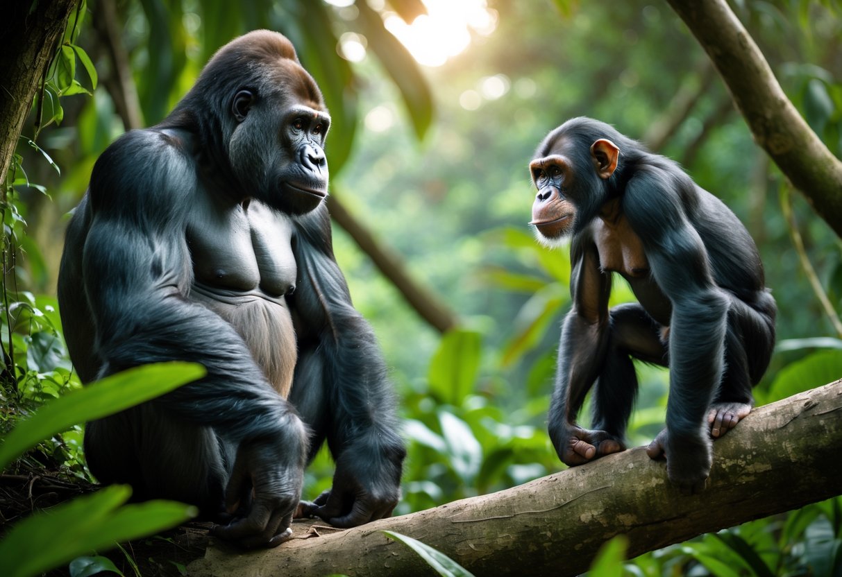 A gorilla sitting on the ground and a chimpanzee standing on a tree branch facing each other in a dense jungle.