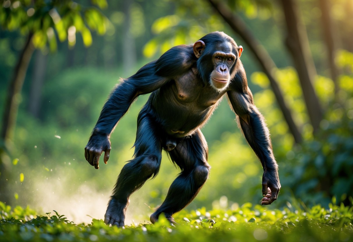 A chimpanzee running upright on two legs through a green forest.