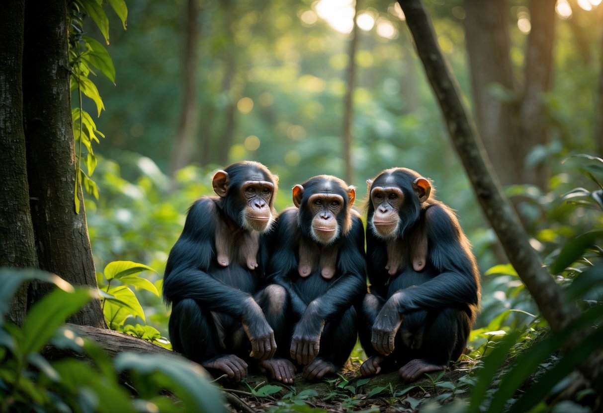 Three chimpanzees sitting together on the forest floor surrounded by trees and greenery.