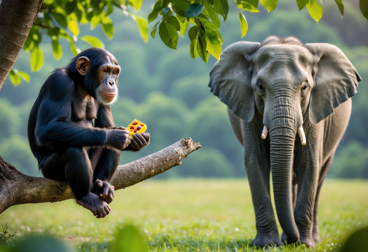 A chimpanzee sitting on a tree branch holding a puzzle toy, with an elephant standing calmly in the background on a grassy plain.
