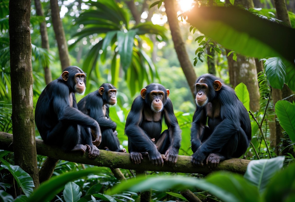 A group of chimpanzees in a dense tropical forest surrounded by green trees and plants.