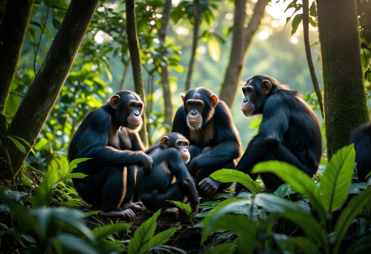A group of chimpanzees in a dense green forest surrounded by trees and foliage.