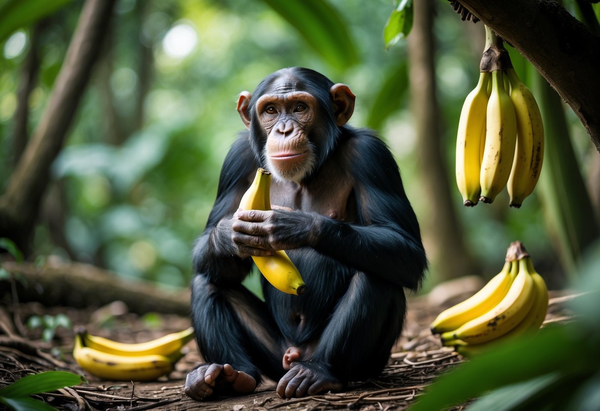 A chimpanzee sitting in a jungle eating a banana with bananas nearby.