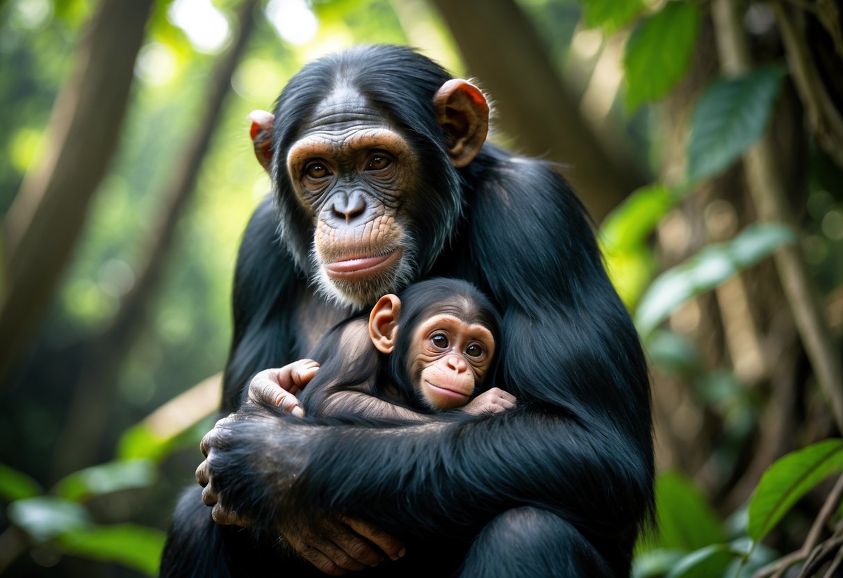 A chimpanzee mother holding her baby in a green jungle setting.