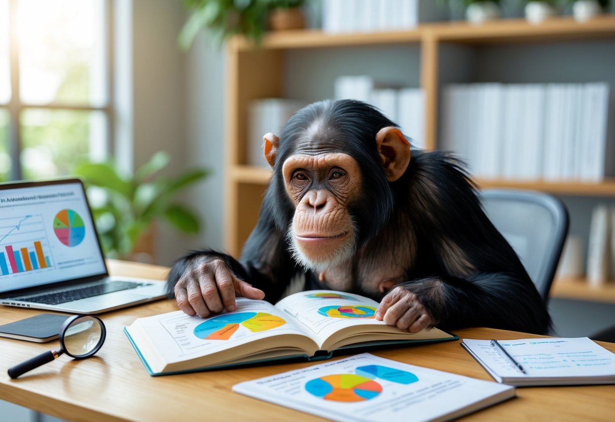 A chimpanzee sitting at a desk looking thoughtfully at an open book with scientific diagrams, surrounded by a laptop and notebooks in a bright office.