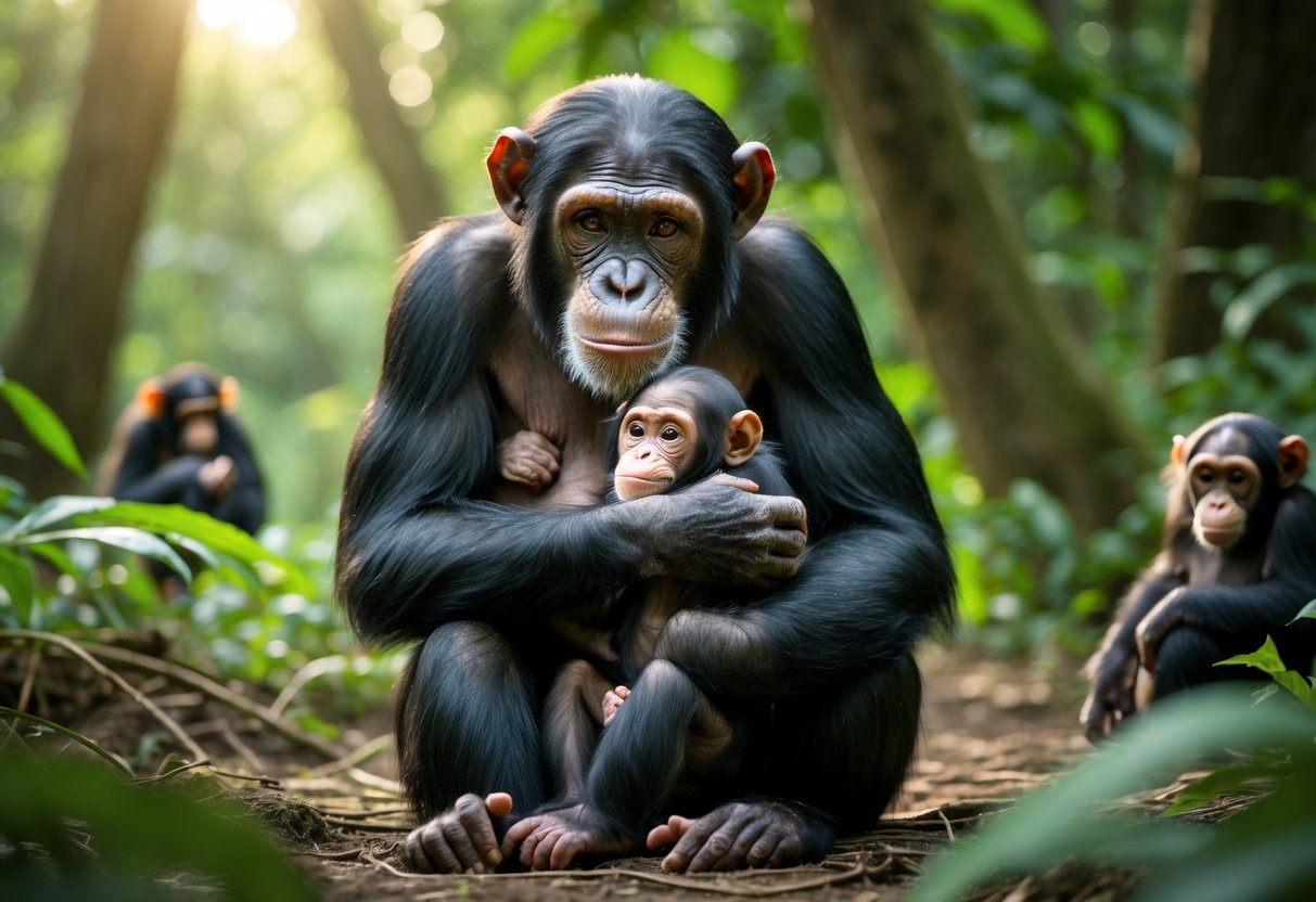 A chimpanzee mother holding her newborn baby chimpanzee in a forest setting with other young chimpanzees nearby.