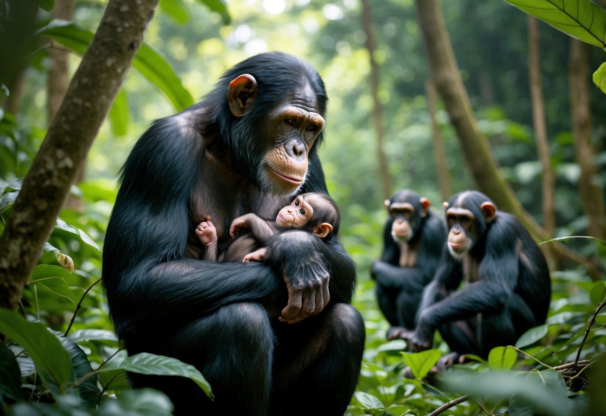 A mother chimpanzee holding her newborn baby in a forest, with other chimpanzees nearby.