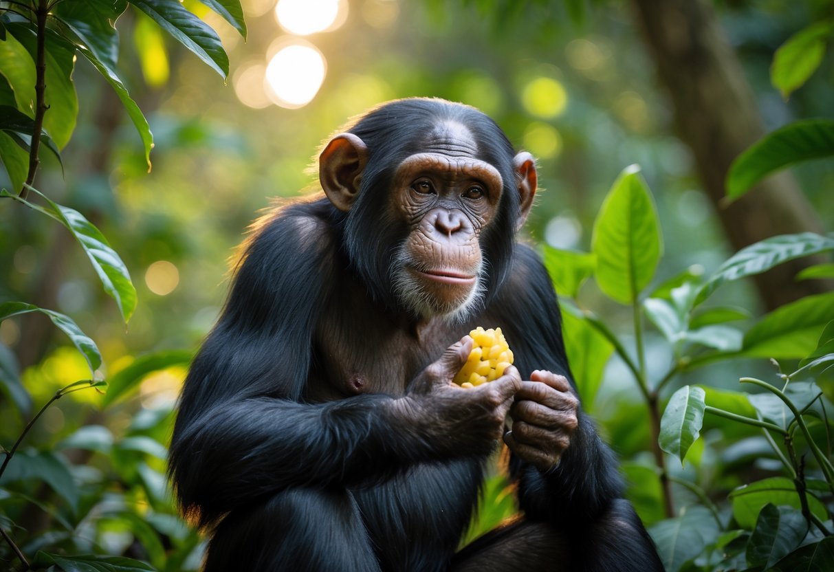 A chimpanzee sitting in a forest eating a piece of fruit surrounded by green plants.