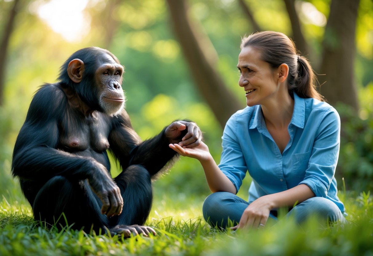 A chimpanzee and a human calmly interacting outdoors with greenery in the background.