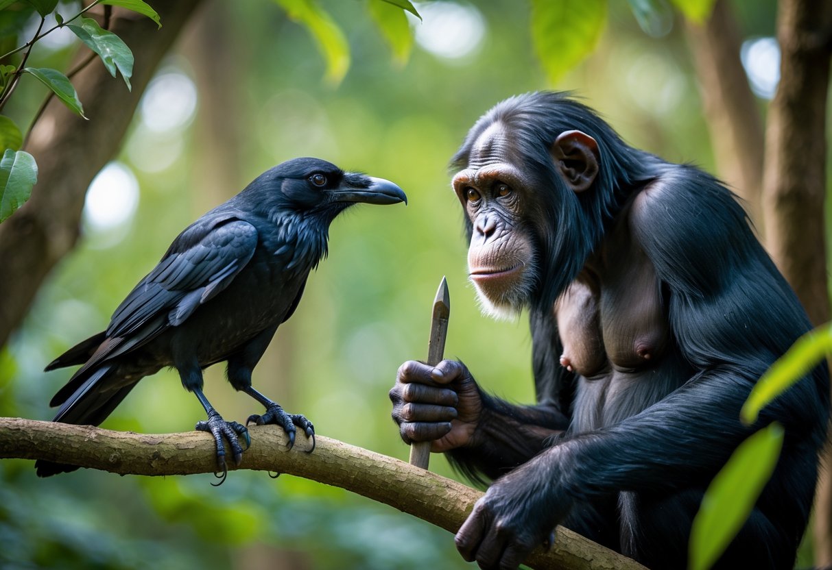 A raven perched on a tree branch watching a chimpanzee holding a tool in a forest.
