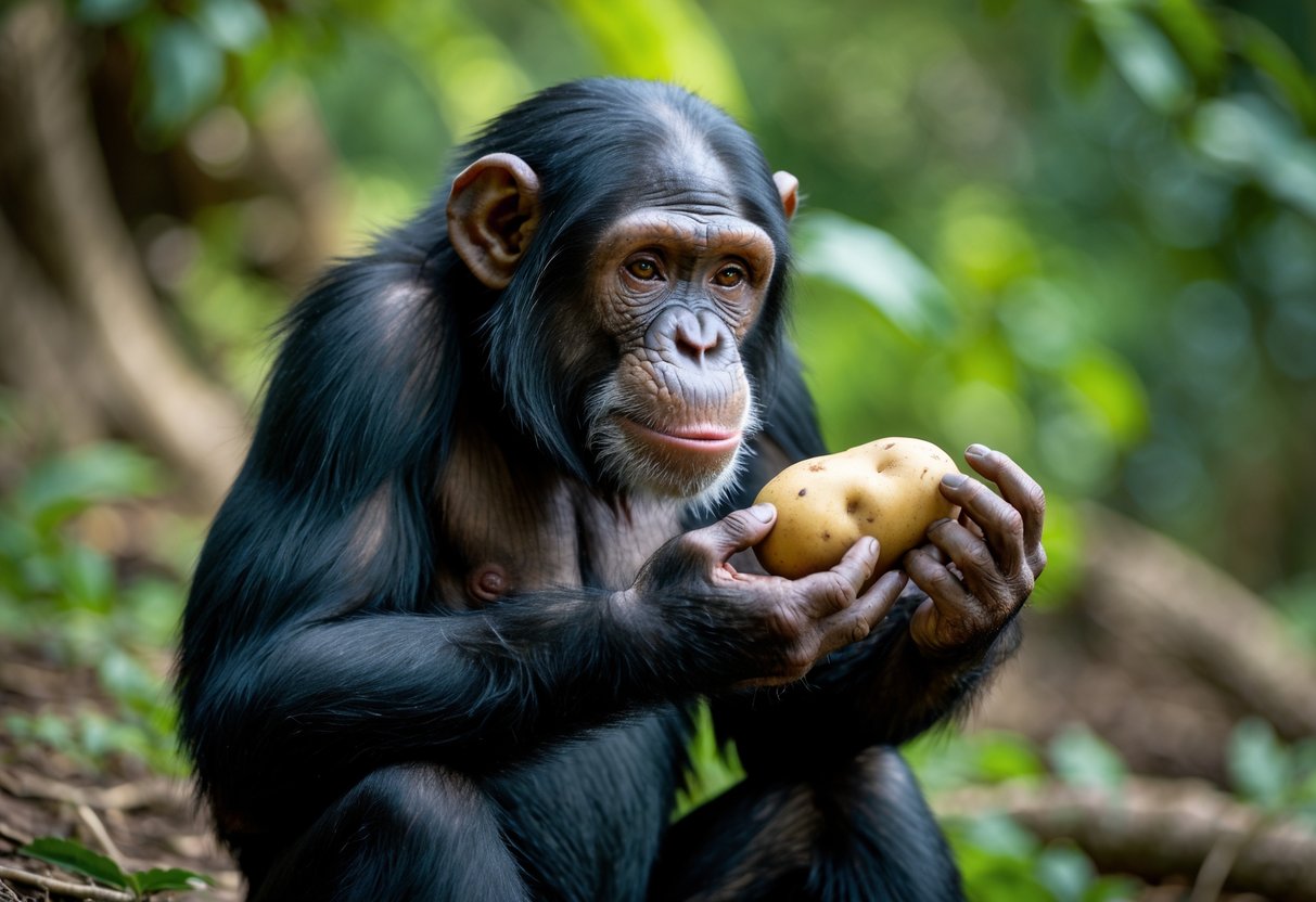 A chimpanzee sitting outdoors holding a raw potato and looking at it.