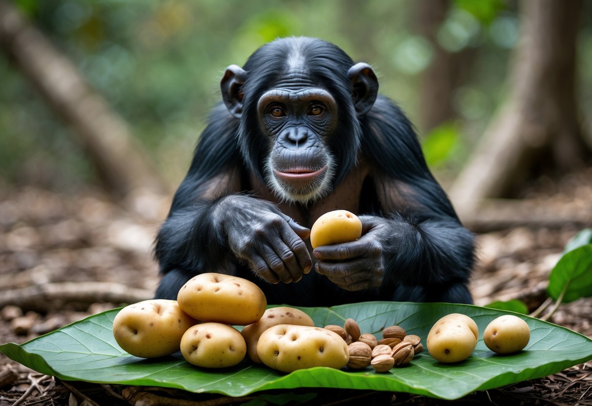 A chimpanzee sitting outdoors surrounded by various fruits, nuts, leaves, and potatoes, reaching towards the potatoes.
