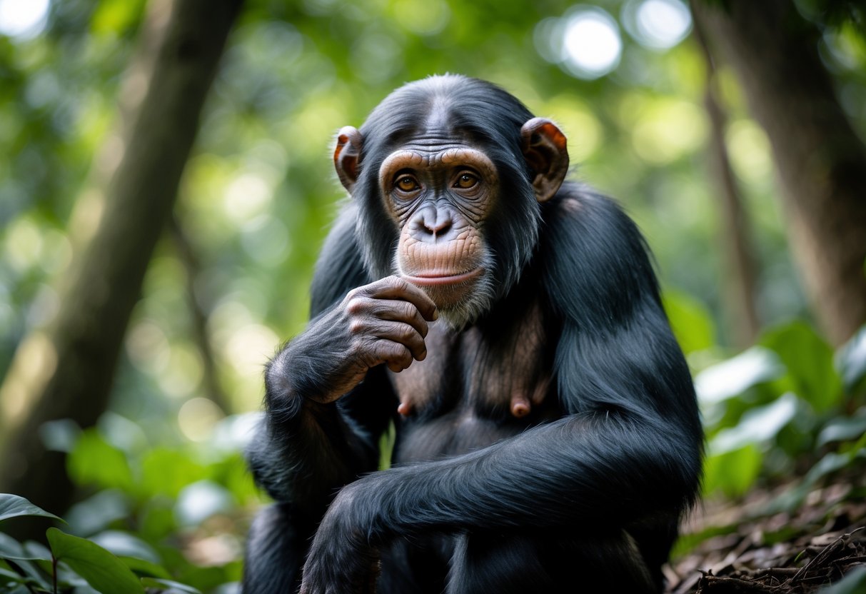 A chimpanzee sitting thoughtfully on the forest floor surrounded by green plants.
