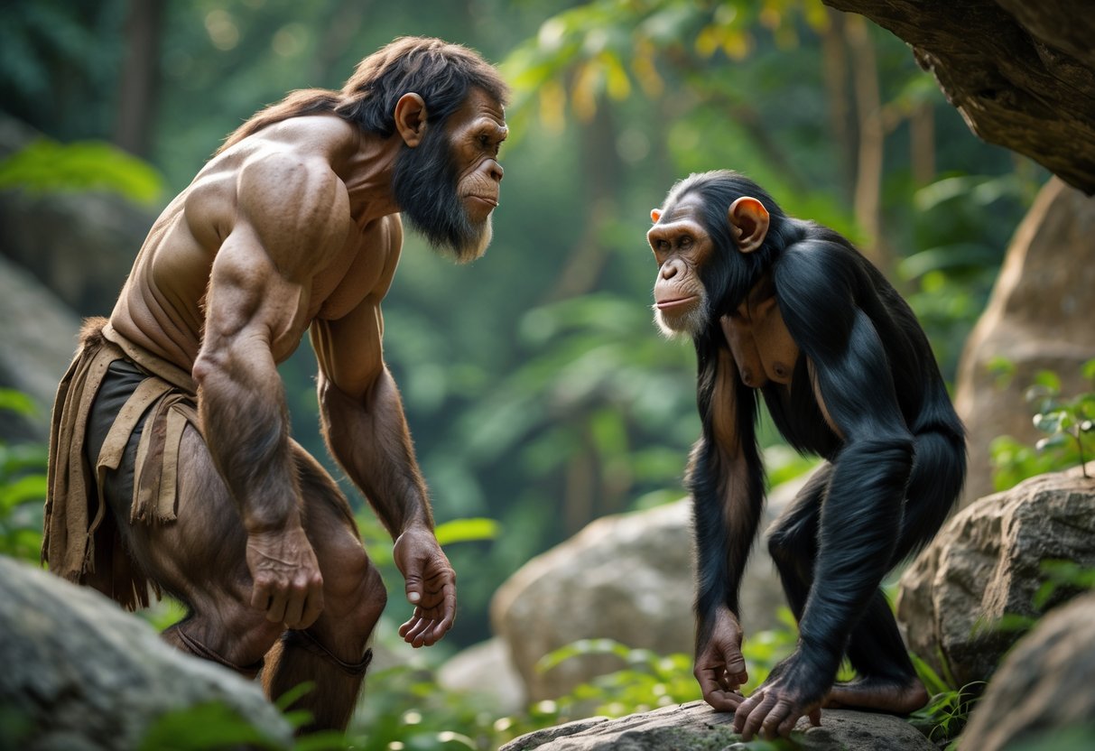 A Neanderthal and a chimpanzee face each other in a forest setting, appearing tense and curious.