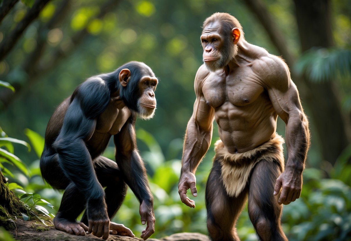 A Neanderthal and a chimpanzee face each other in a forest setting, highlighting their physical differences.