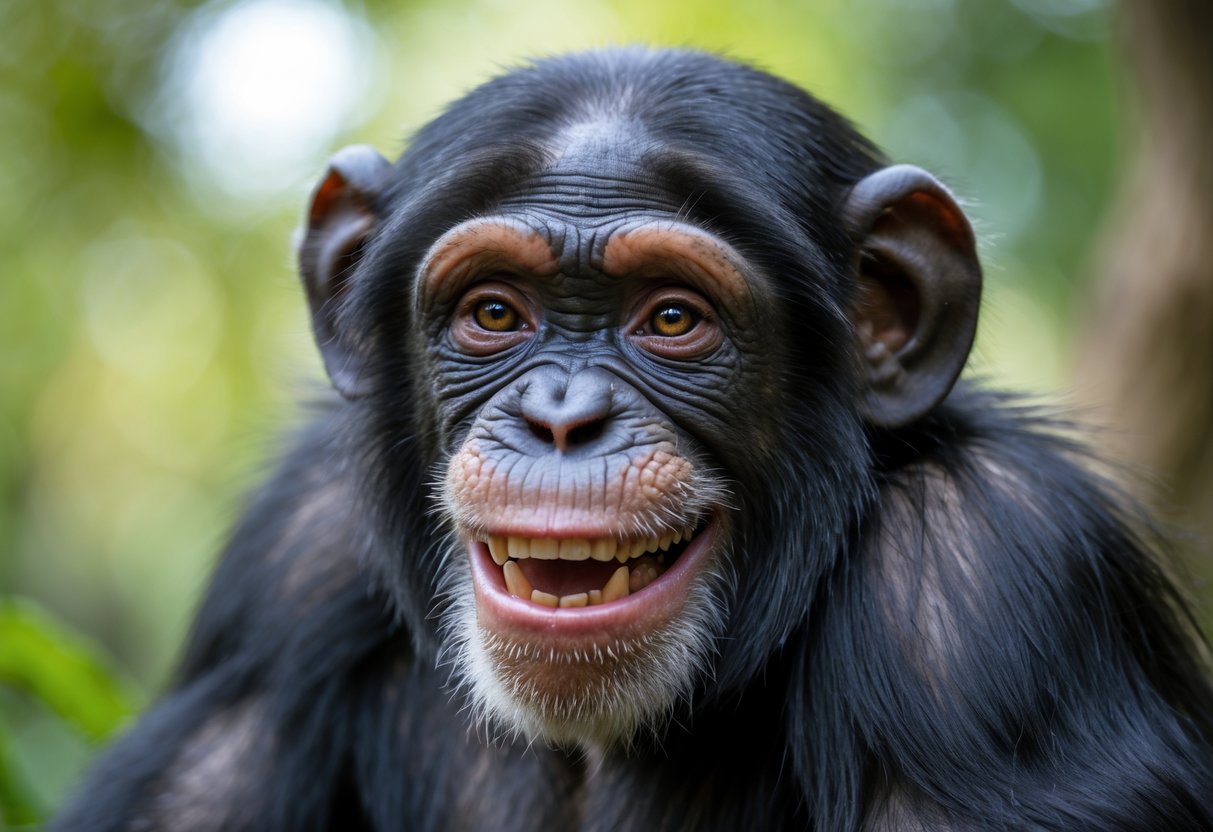 Close-up of a smiling chimpanzee showing a happy expression in a natural outdoor environment.