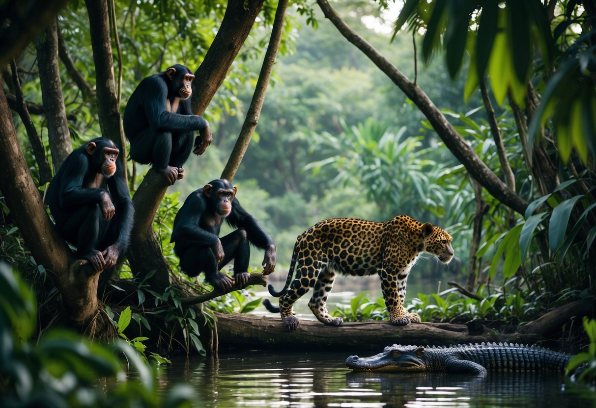 A group of chimpanzees in trees with a leopard nearby in the bushes and a crocodile by the riverbank.