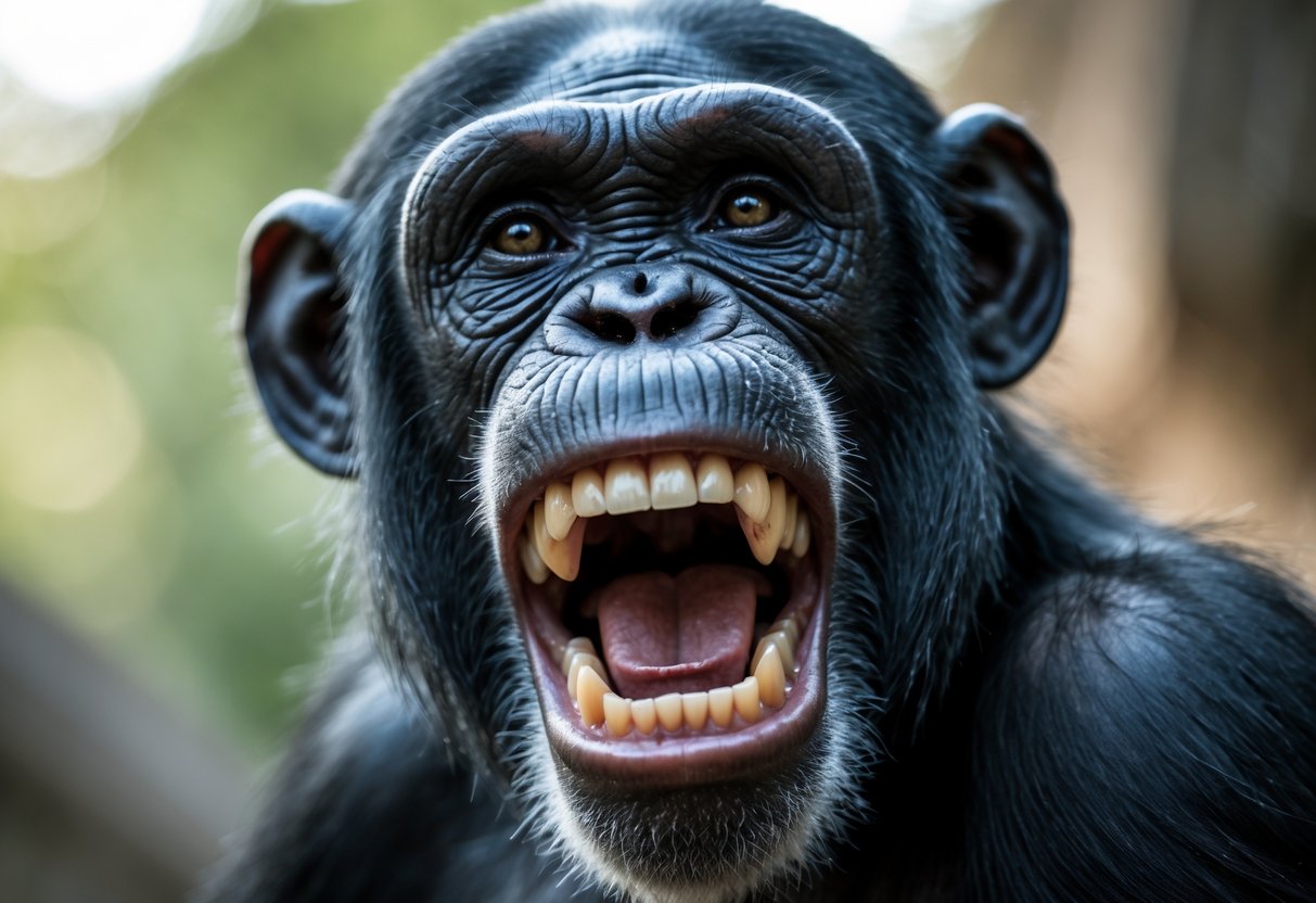 Close-up of a chimpanzee showing its open mouth and teeth in a natural outdoor setting.