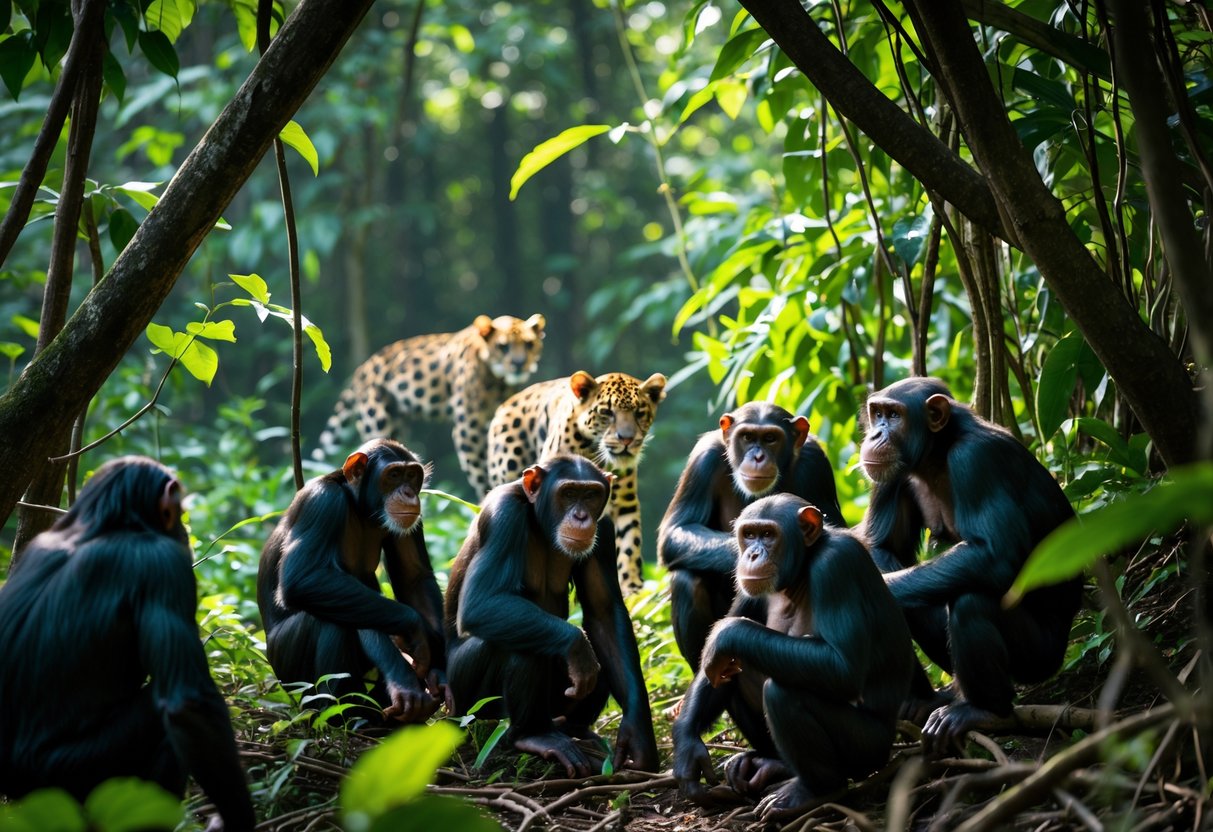 A group of chimpanzees in a forest looking cautiously at a leopard hiding in the bushes nearby.