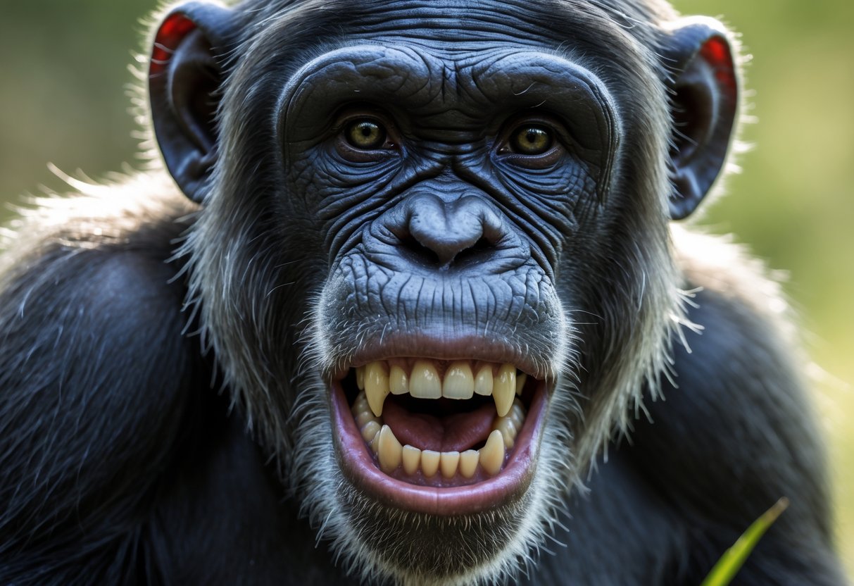 Close-up of a chimpanzee's face showing its teeth and jaw in a natural outdoor setting.
