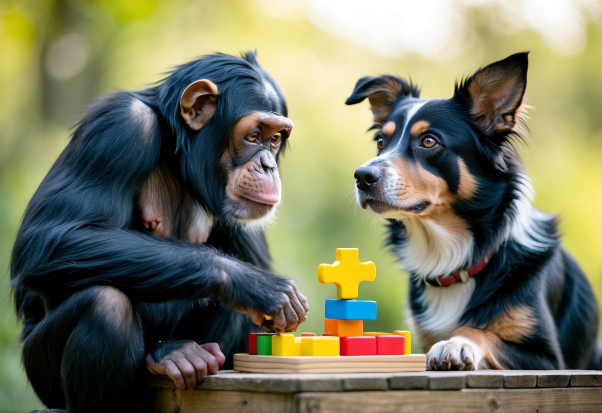 A chimpanzee and a dog sitting side by side outdoors, both looking attentively at a puzzle on a wooden table between them.