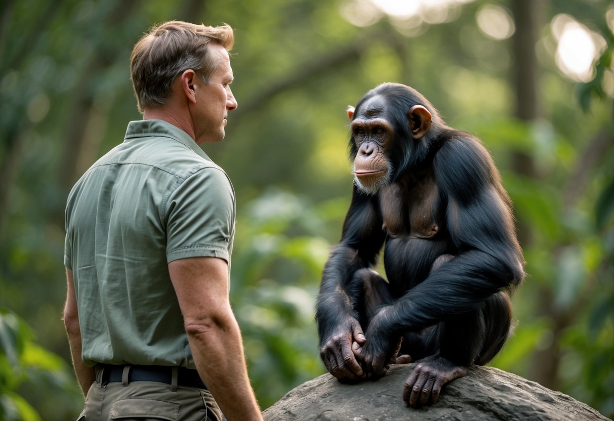 A man and a chimpanzee face each other calmly in a forest setting.