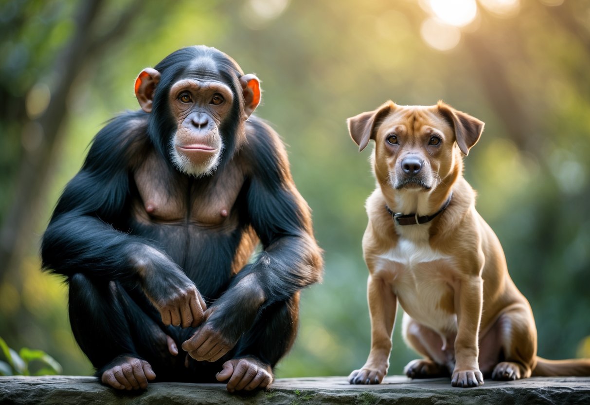 A chimpanzee and a dog sitting side by side outdoors, both looking attentive and curious.