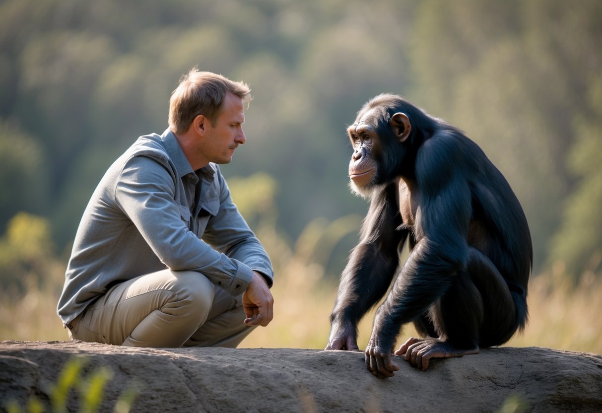 A human and a chimpanzee facing each other calmly in a natural outdoor setting.
