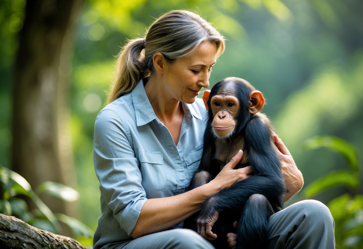 A person gently holding a young chimpanzee outdoors in a green natural setting.