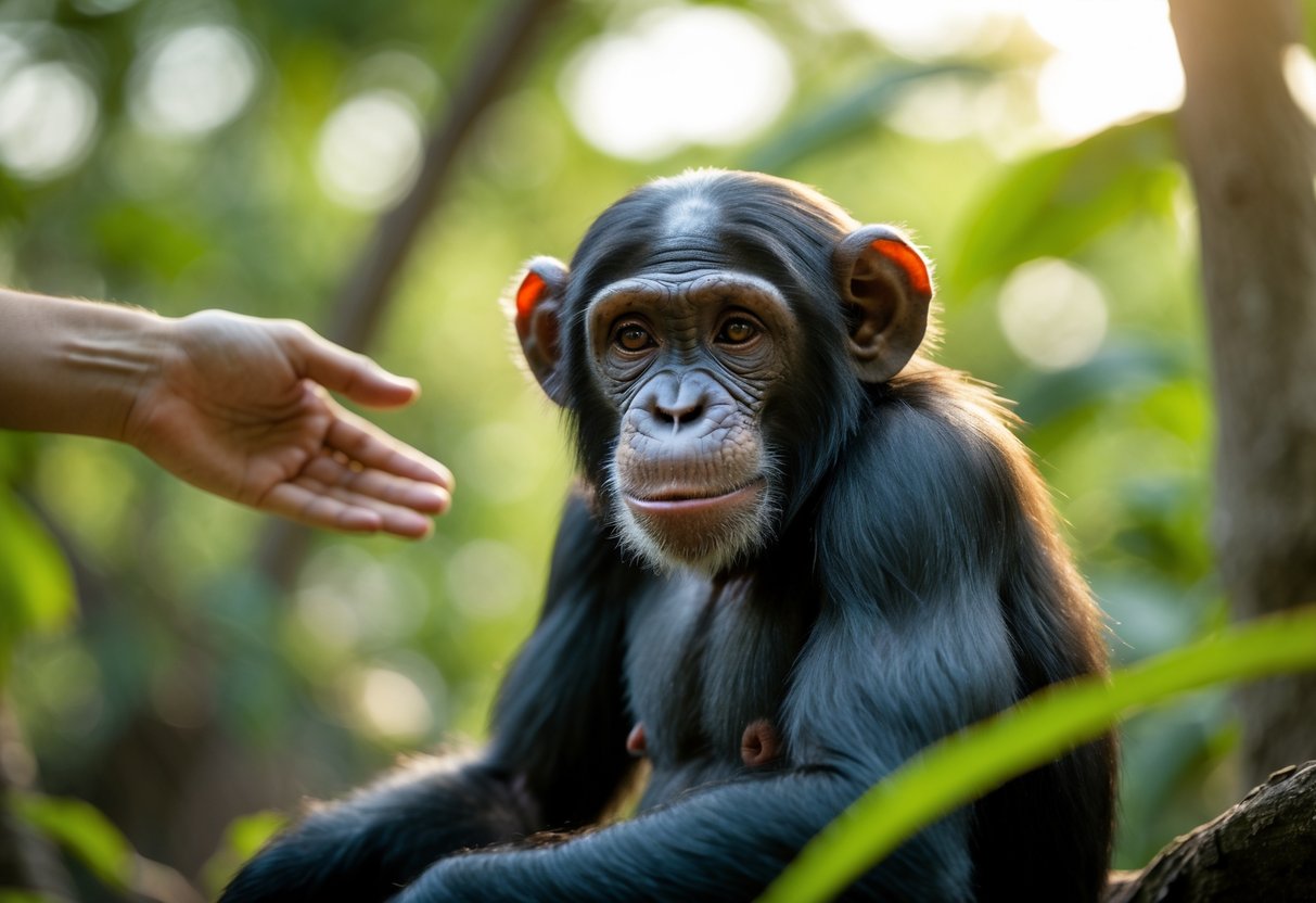 A calm chimpanzee sitting outdoors with a human hand gently reaching towards it.
