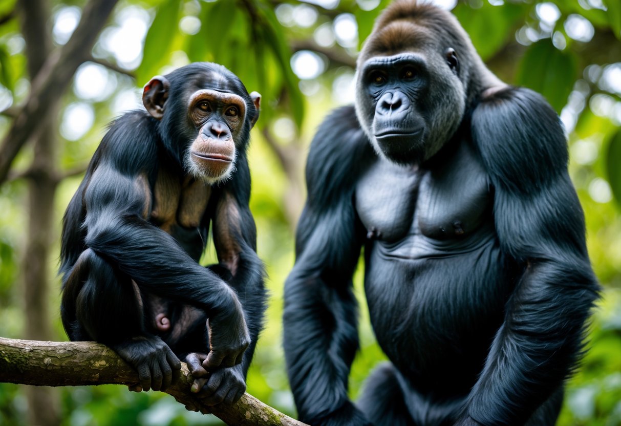 A chimpanzee sitting on a tree branch next to a standing gorilla in a green forest.
