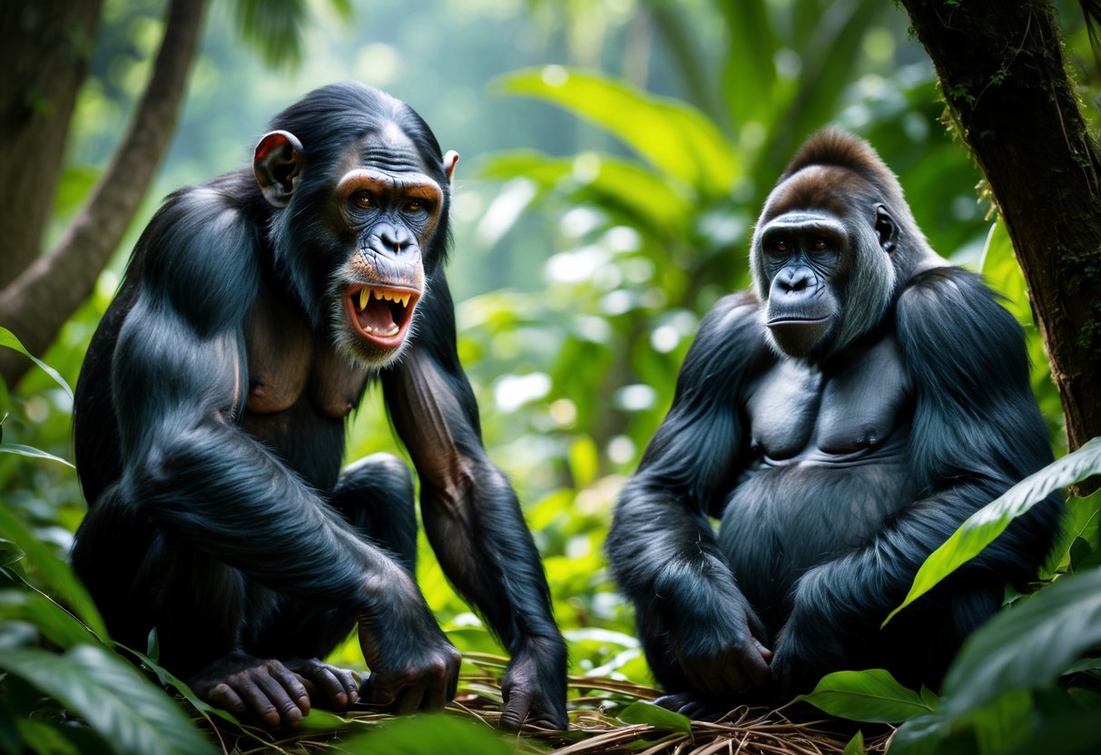 A chimpanzee showing an intense expression and a calm gorilla sitting peacefully in a lush jungle setting.