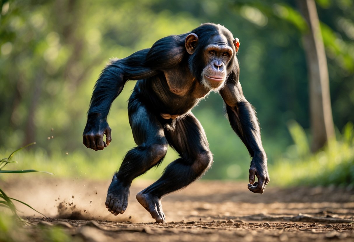 A chimpanzee running quickly through a forest clearing with trees in the background.