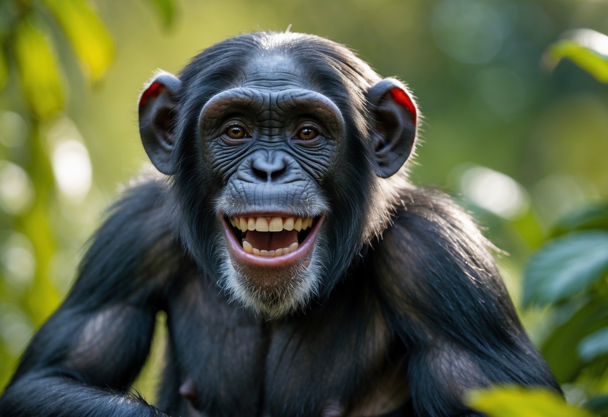 A close-up of a happy chimpanzee smiling with bright eyes in a green outdoor environment.