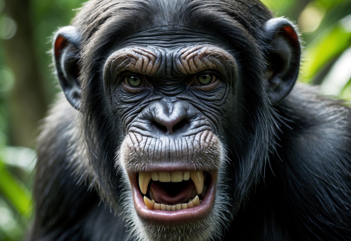 Close-up of a chimpanzee showing an intense expression with bared teeth in a forest setting.