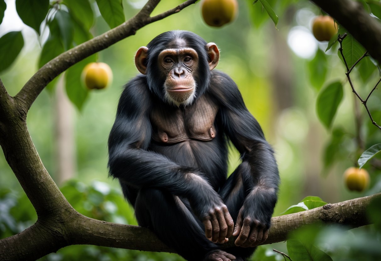 A chimpanzee sitting calmly on a tree branch in a green forest, looking relaxed and content.