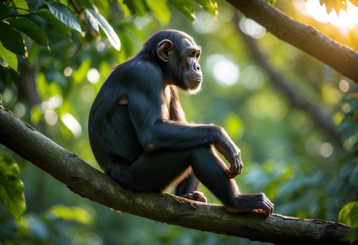 A chimpanzee sitting on a tree branch in a forest, showing its body and no tail.