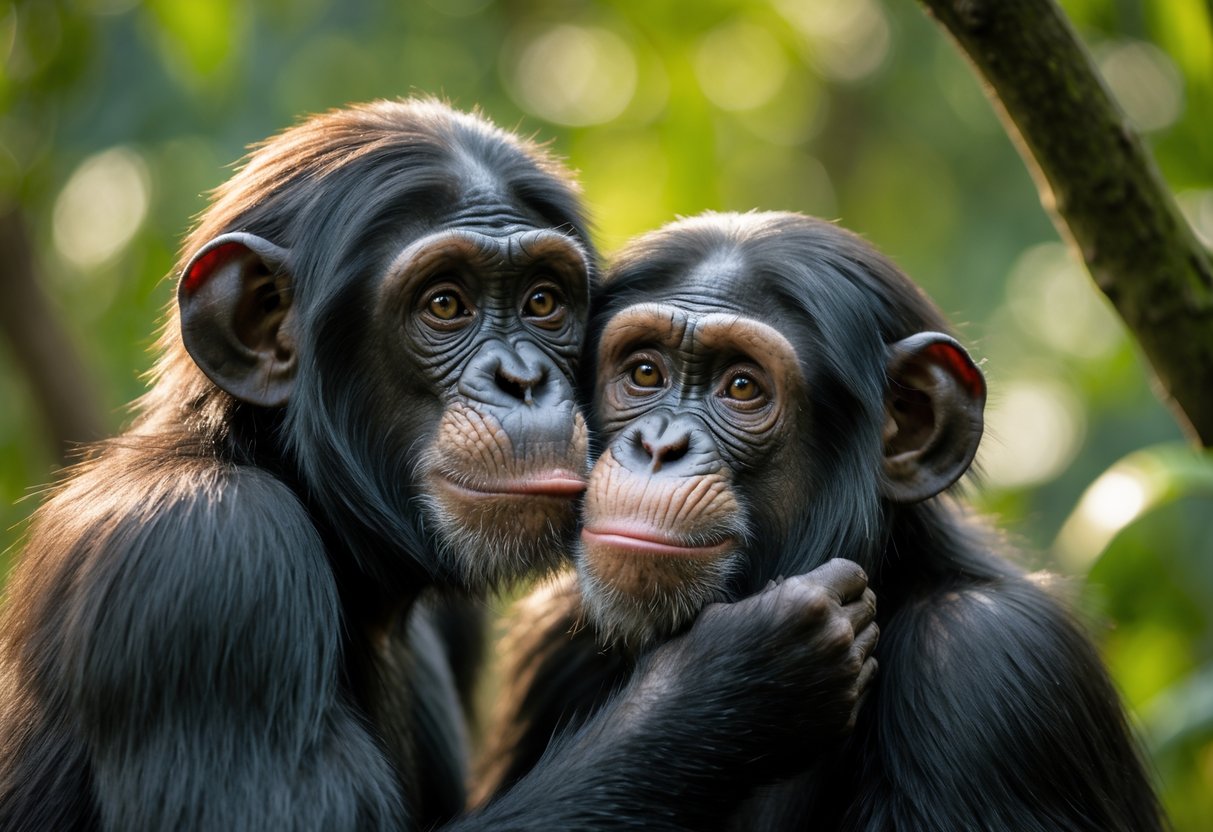 Two chimpanzees gently interacting with each other in a green forest setting.
