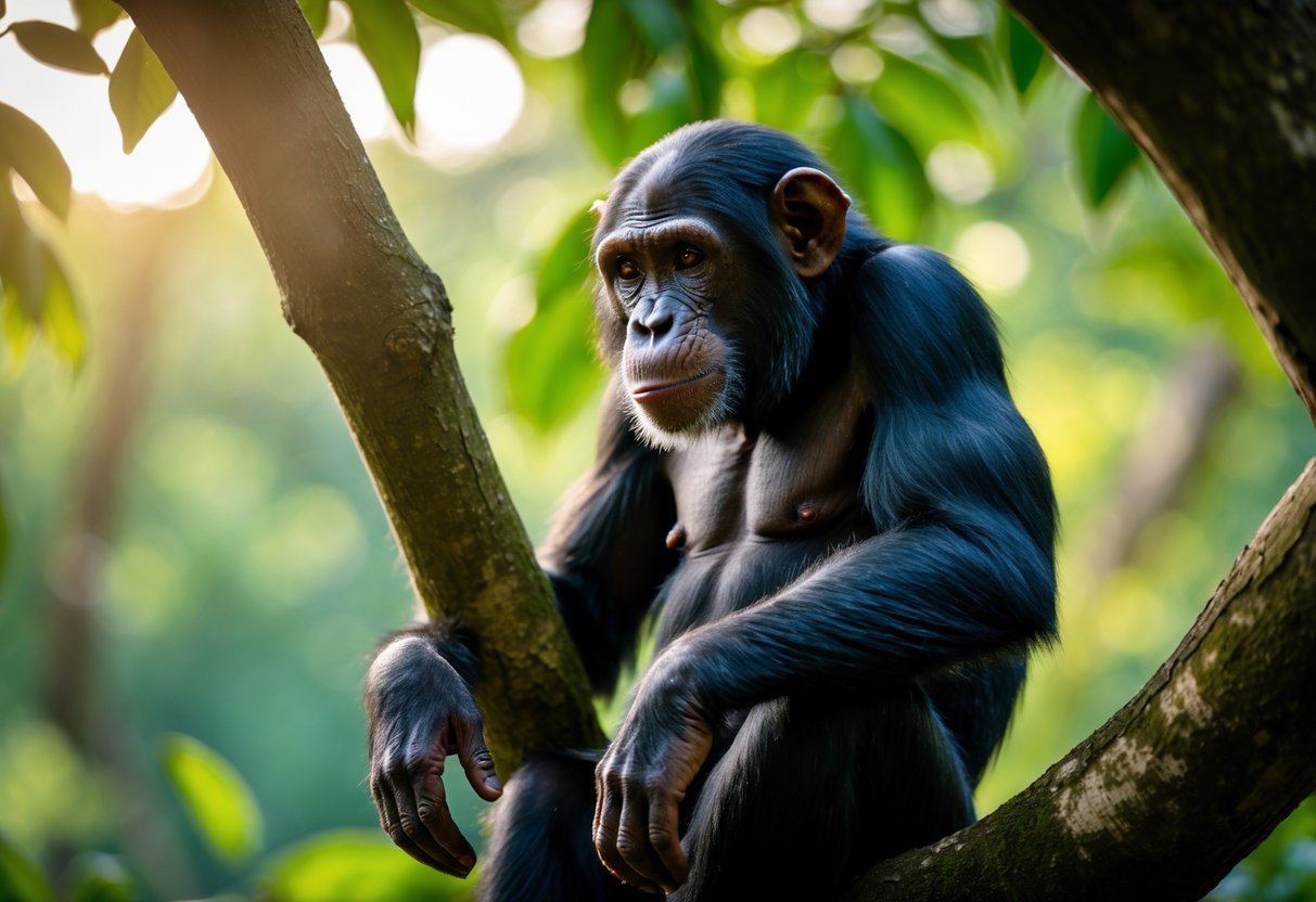 A chimpanzee sitting on a tree branch in a forest, showing it has no tail.