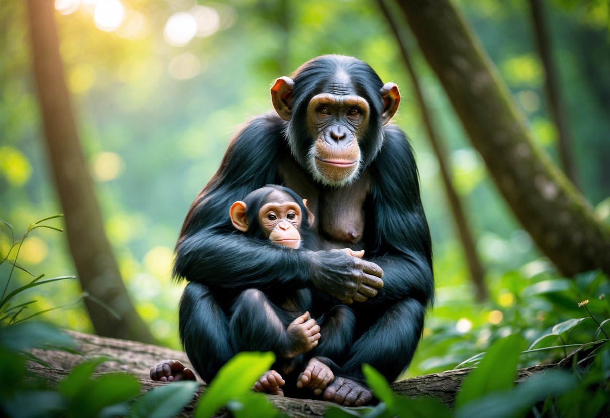 A female chimpanzee gently holding her baby chimpanzee in a forest setting.