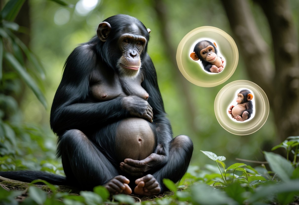 A pregnant female chimpanzee sitting in a forest, gently holding her belly.