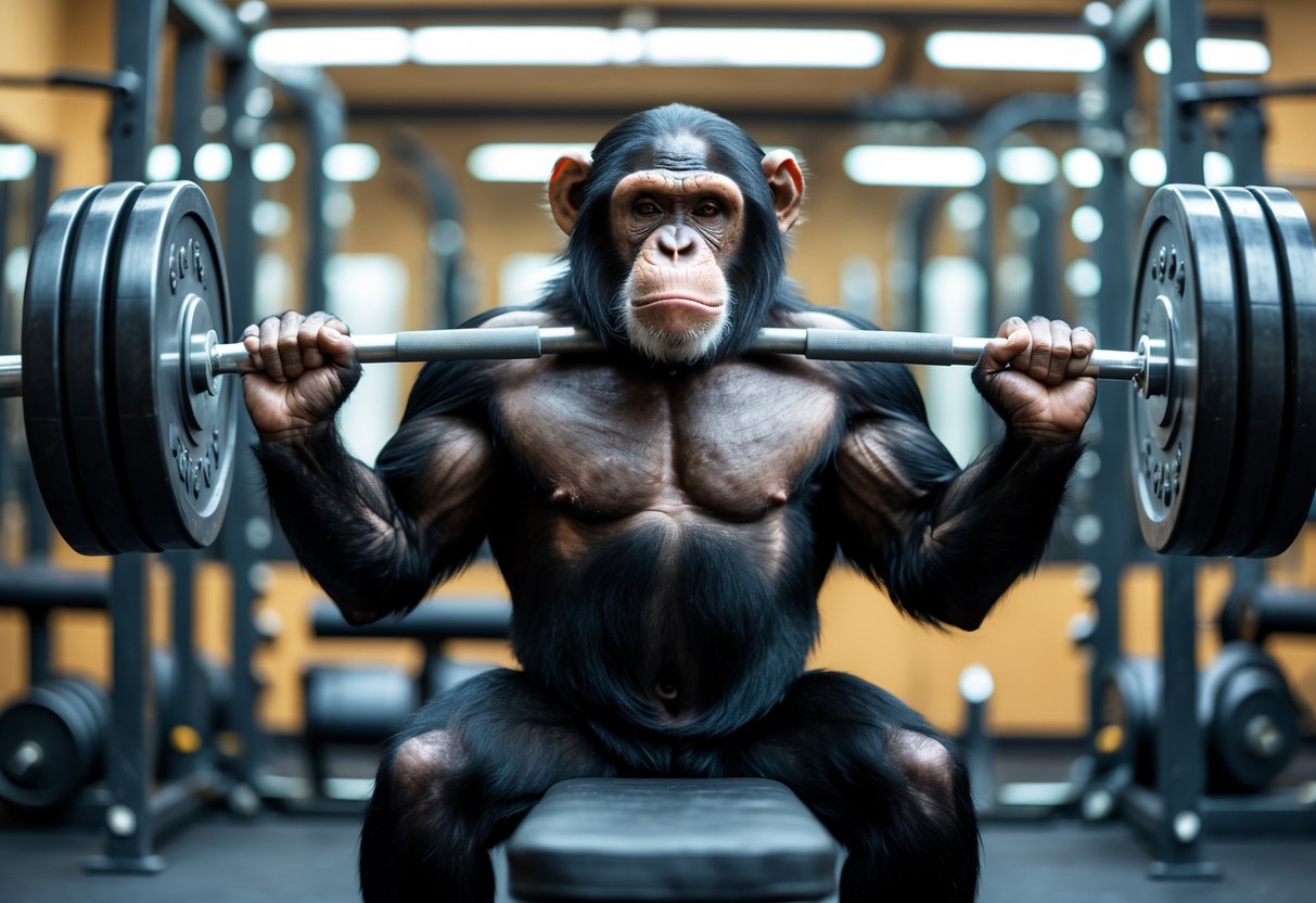 A chimpanzee lifting a barbell while sitting on a weight bench in a gym.