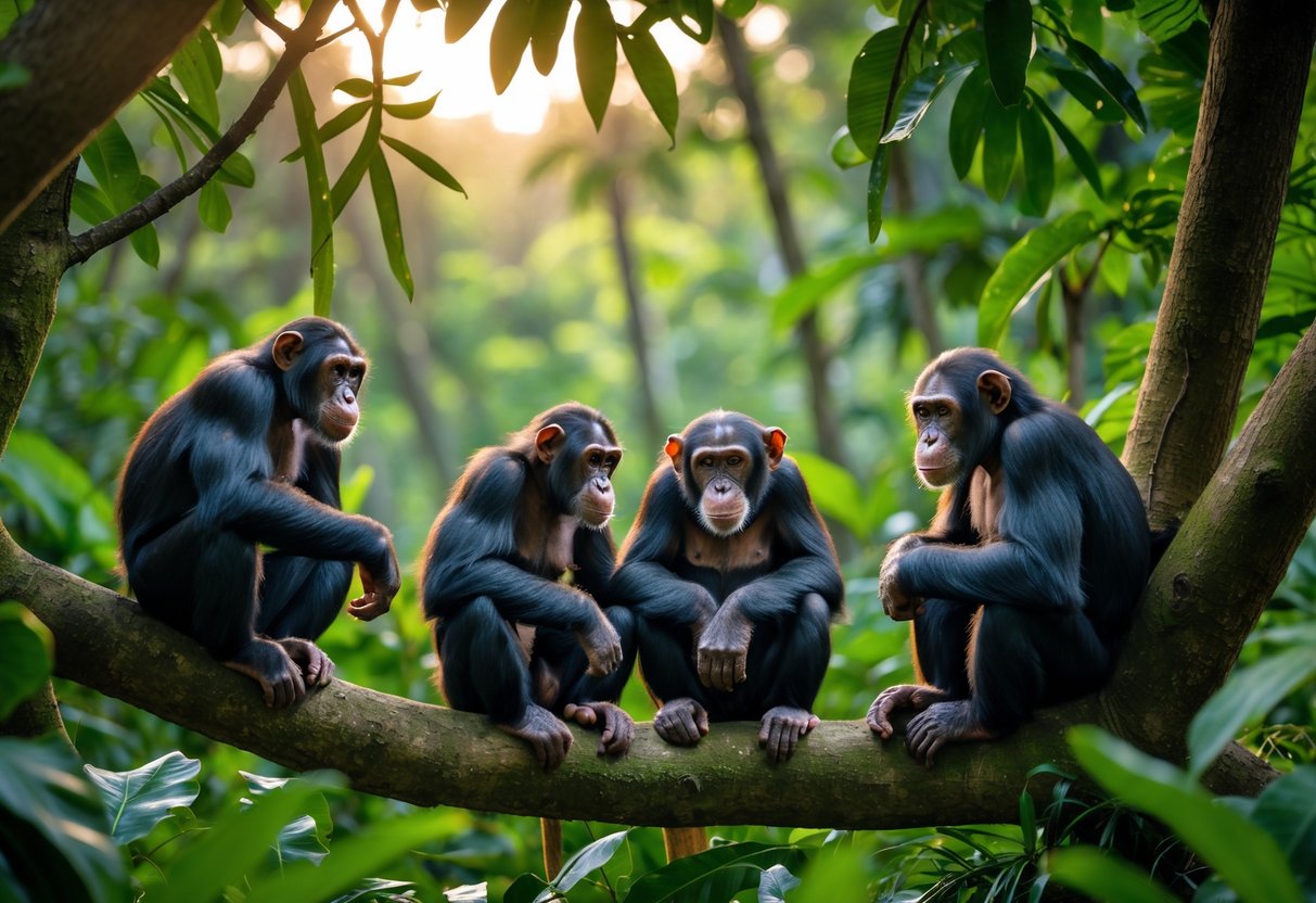 A small group of chimpanzees in a green tropical forest, some sitting on branches and others on the forest floor surrounded by dense foliage.