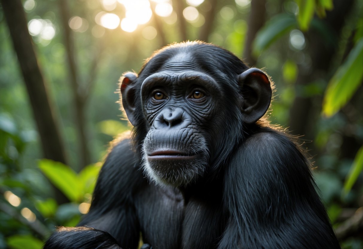 Close-up of a chimpanzee sitting in a dense green forest, looking thoughtfully into the distance.