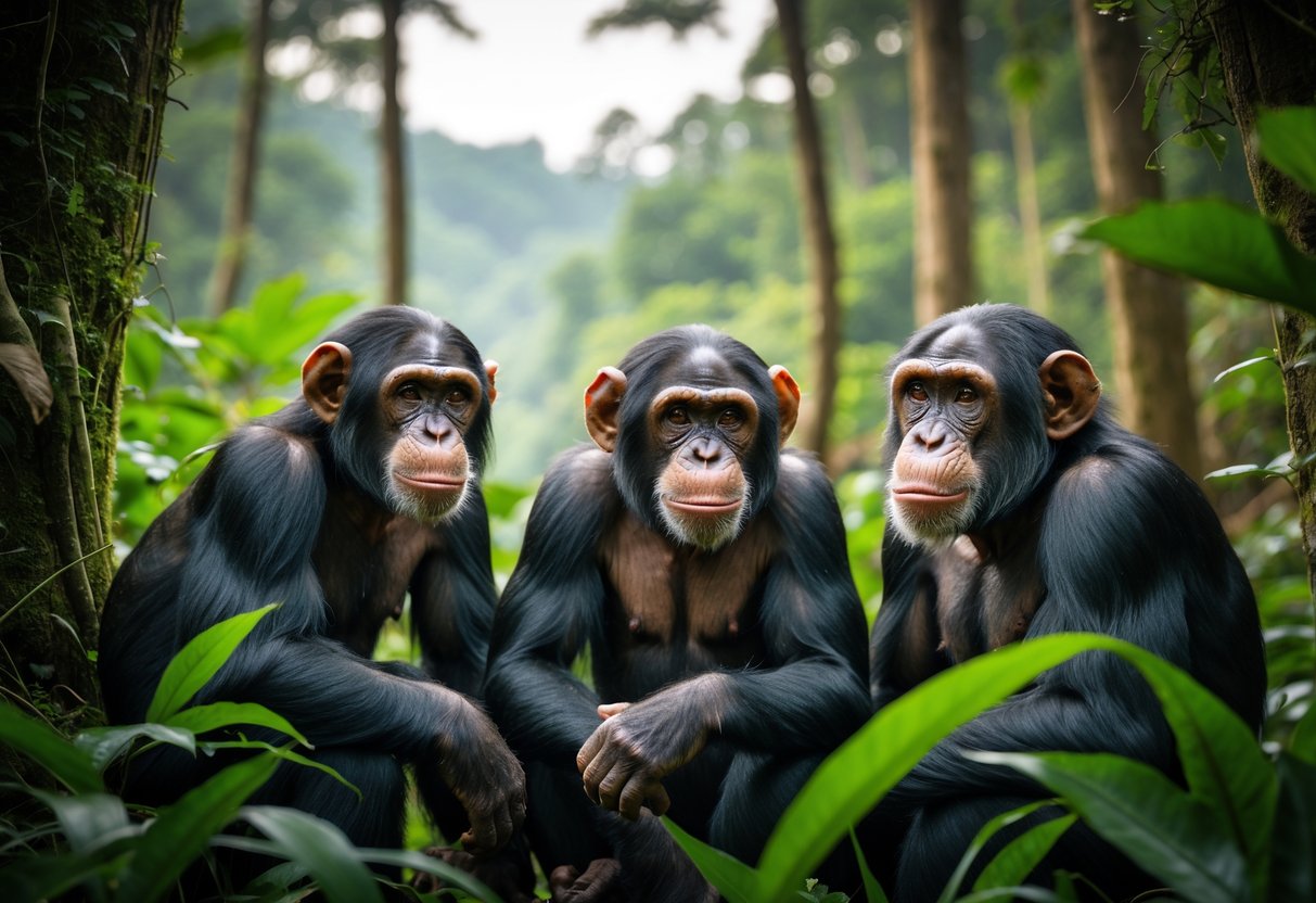 A group of chimpanzees in a dense forest with trees and greenery, some looking curious and others concerned, with signs of human impact visible in the background.