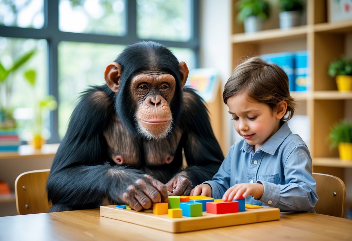 A chimpanzee and a 7-year-old child sitting together at a table, both focused on solving a puzzle.
