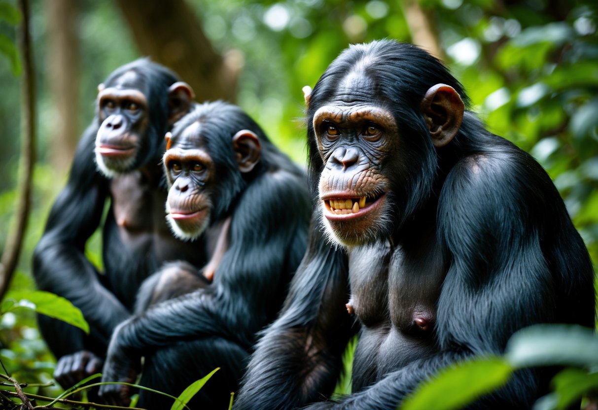 A male chimpanzee showing an assertive posture while a female chimpanzee sits calmly nearby in a forest setting.