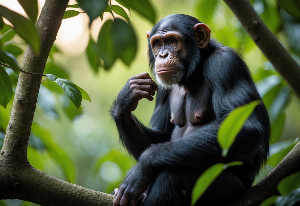 A chimpanzee sitting on a tree branch in a forest, looking thoughtful with one hand touching its chin.